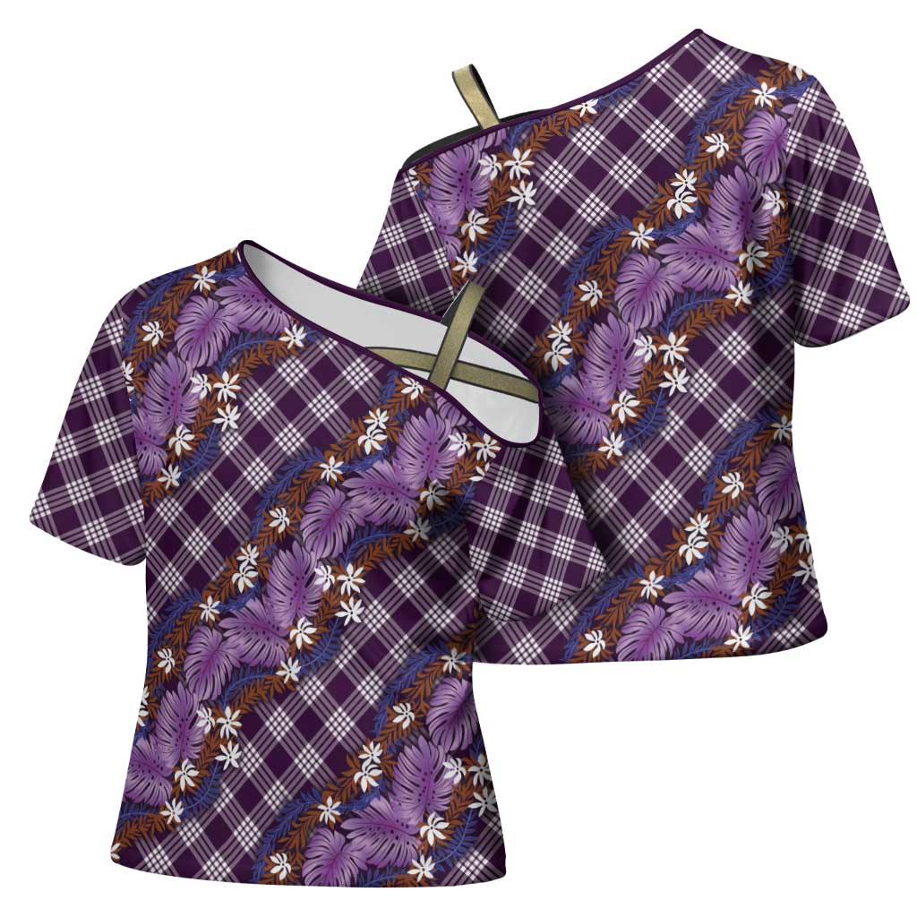 Polynesian Monstera Tiare Floral Cross Shoulder Shirt Lavender Tropical Plaid - Polynesian Pride