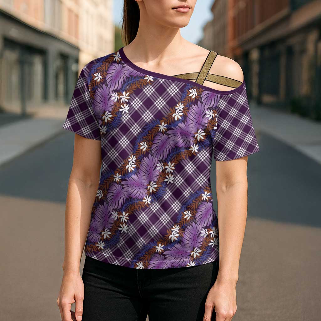Polynesian Monstera Tiare Floral Cross Shoulder Shirt Lavender Tropical Plaid - Polynesian Pride