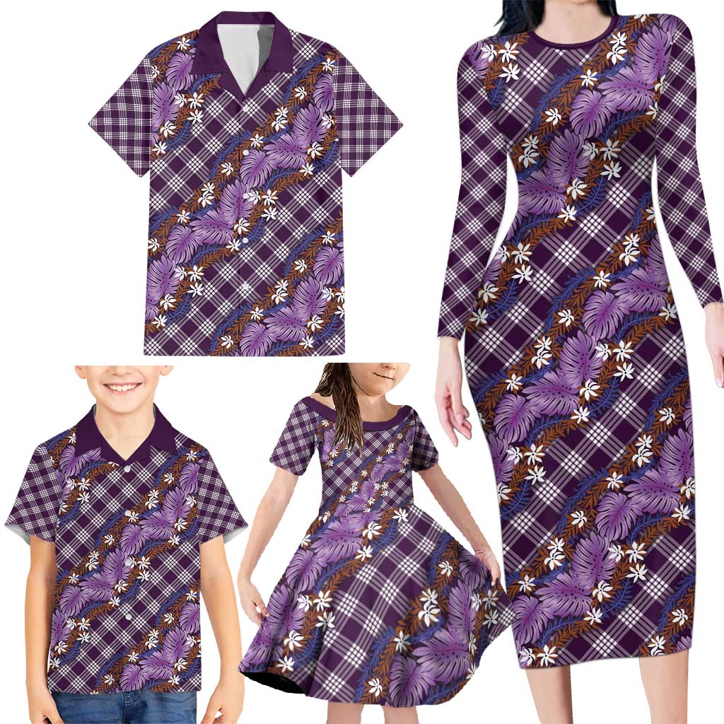 Polynesian Monstera Tiare Floral Family Matching Long Sleeve Bodycon Dress and Hawaiian Shirt Lavender Tropical Plaid - Polynesian Pride