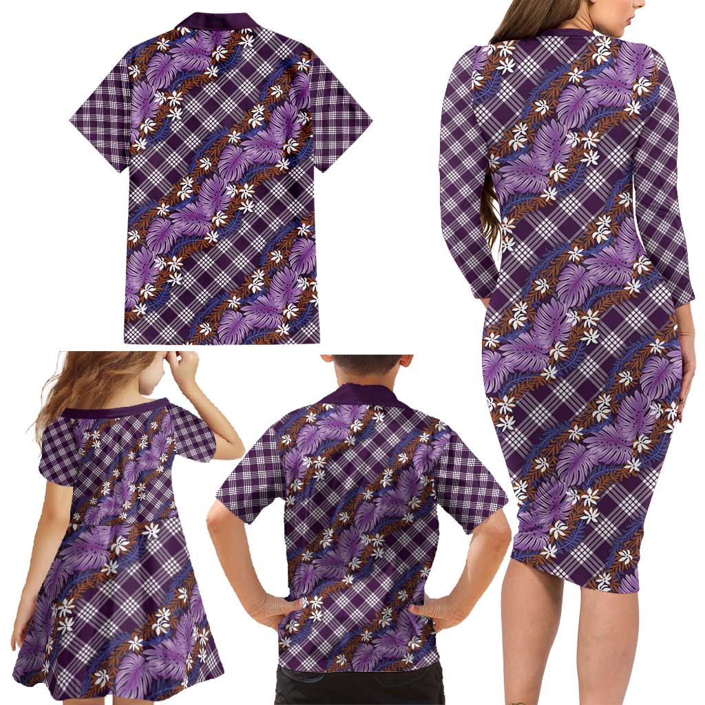 Polynesian Monstera Tiare Floral Family Matching Long Sleeve Bodycon Dress and Hawaiian Shirt Lavender Tropical Plaid - Polynesian Pride