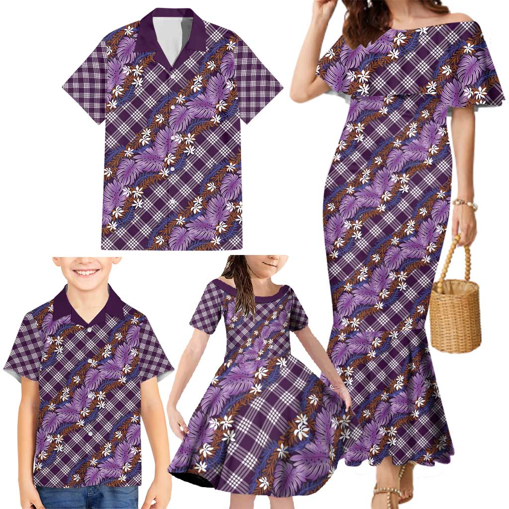 Polynesian Monstera Tiare Floral Family Matching Mermaid Dress and Hawaiian Shirt Lavender Tropical Plaid LT01 - Polynesian Pride