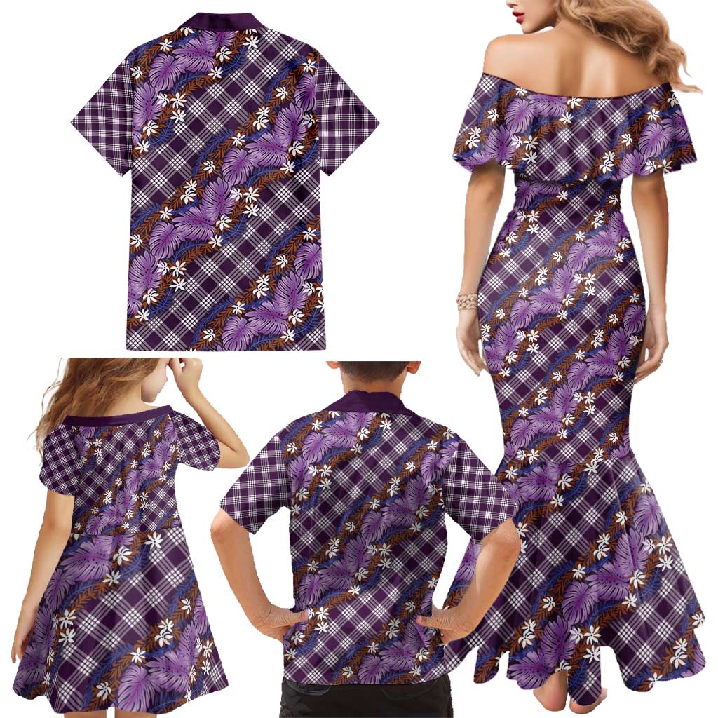 Polynesian Monstera Tiare Floral Family Matching Mermaid Dress and Hawaiian Shirt Lavender Tropical Plaid - Polynesian Pride