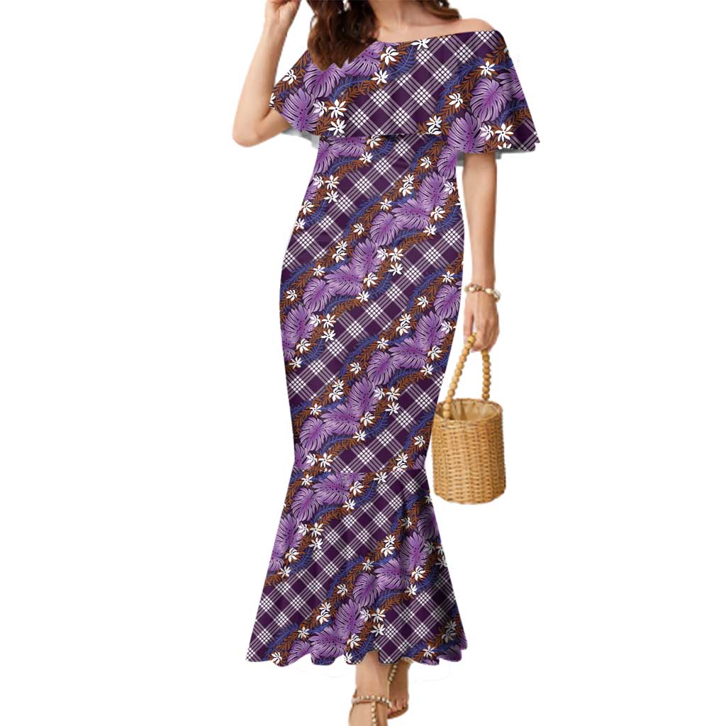 Polynesian Monstera Tiare Floral Family Matching Mermaid Dress and Hawaiian Shirt Lavender Tropical Plaid - Polynesian Pride