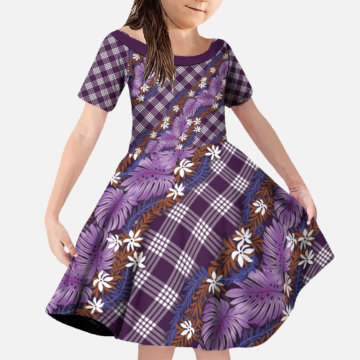 Polynesian Monstera Tiare Floral Family Matching Off The Shoulder Long Sleeve Dress and Hawaiian Shirt Lavender Tropical Plaid - Polynesian Pride