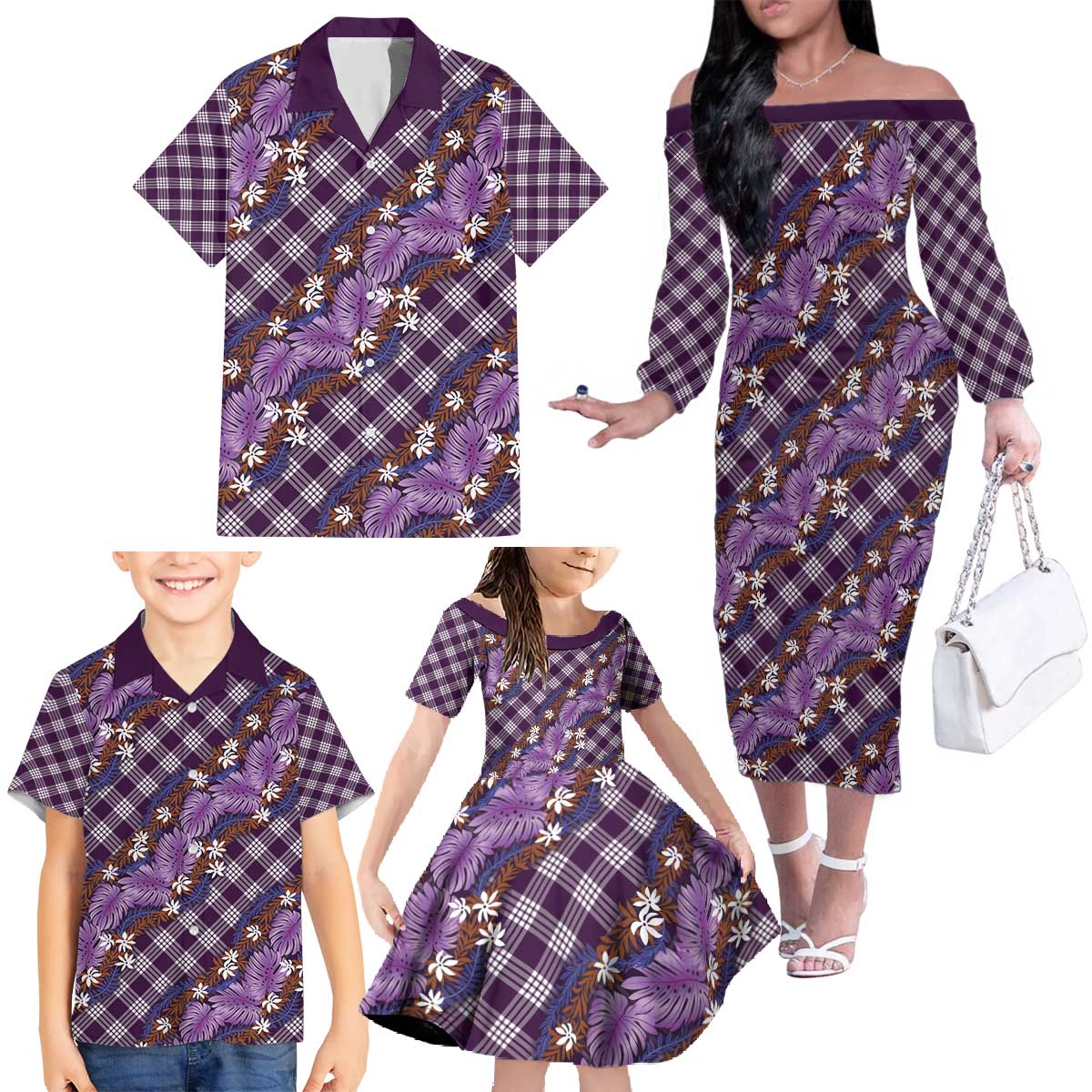 Polynesian Monstera Tiare Floral Family Matching Off The Shoulder Long Sleeve Dress and Hawaiian Shirt Lavender Tropical Plaid LT01 - Polynesian Pride