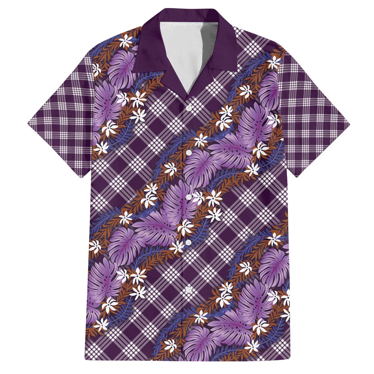 Polynesian Monstera Tiare Floral Family Matching Off The Shoulder Long Sleeve Dress and Hawaiian Shirt Lavender Tropical Plaid - Polynesian Pride