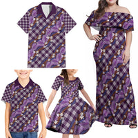 Polynesian Monstera Tiare Floral Family Matching Off Shoulder Maxi Dress and Hawaiian Shirt Lavender Tropical Plaid - Polynesian Pride
