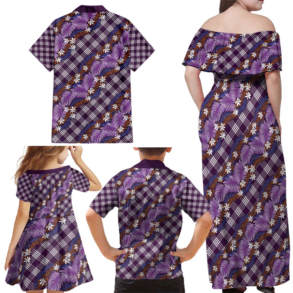 Polynesian Monstera Tiare Floral Family Matching Off Shoulder Maxi Dress and Hawaiian Shirt Lavender Tropical Plaid - Polynesian Pride