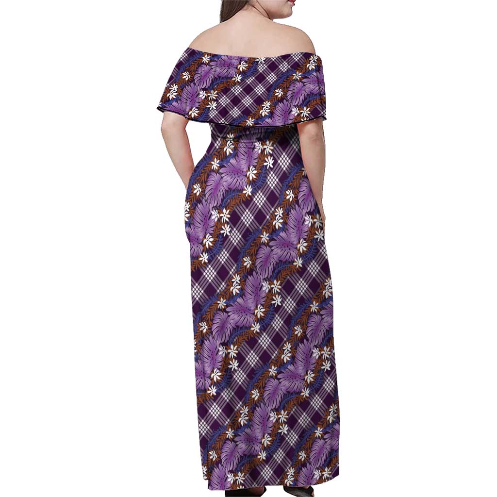 Polynesian Monstera Tiare Floral Family Matching Off Shoulder Maxi Dress and Hawaiian Shirt Lavender Tropical Plaid - Polynesian Pride