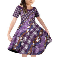 Polynesian Monstera Tiare Floral Family Matching Off Shoulder Short Dress and Hawaiian Shirt Lavender Tropical Plaid - Polynesian Pride