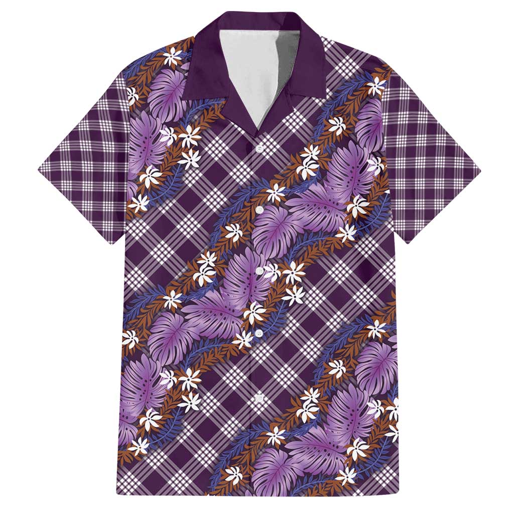 Polynesian Monstera Tiare Floral Family Matching Off Shoulder Short Dress and Hawaiian Shirt Lavender Tropical Plaid - Polynesian Pride