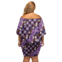 Polynesian Monstera Tiare Floral Family Matching Off Shoulder Short Dress and Hawaiian Shirt Lavender Tropical Plaid - Polynesian Pride