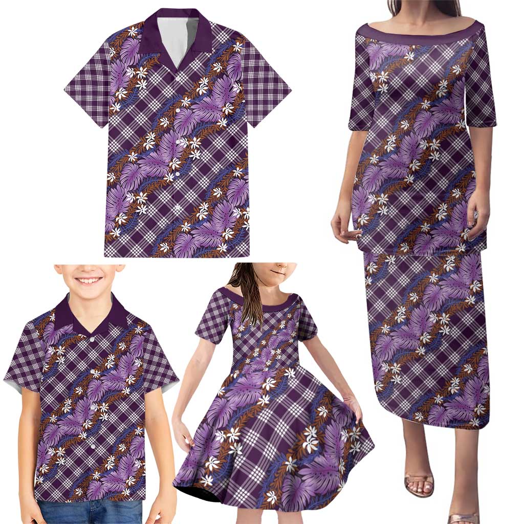 Polynesian Monstera Tiare Floral Family Matching Puletasi and Hawaiian Shirt Lavender Tropical Plaid - Polynesian Pride