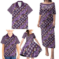 Polynesian Monstera Tiare Floral Family Matching Puletasi and Hawaiian Shirt Lavender Tropical Plaid - Polynesian Pride