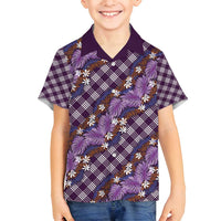 Polynesian Monstera Tiare Floral Family Matching Puletasi and Hawaiian Shirt Lavender Tropical Plaid - Polynesian Pride