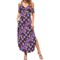 Polynesian Monstera Tiare Floral Family Matching Summer Maxi Dress and Hawaiian Shirt Lavender Tropical Plaid - Polynesian Pride
