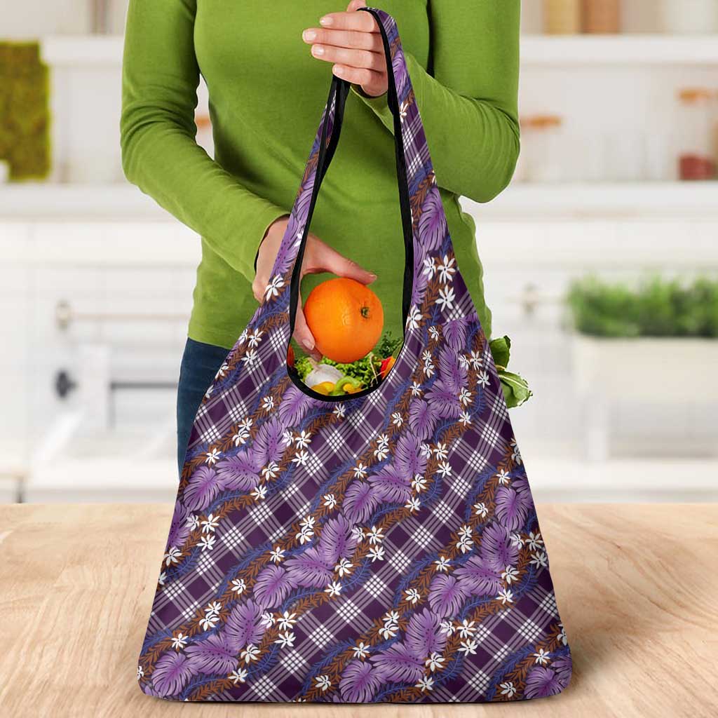 Polynesian Monstera Tiare Floral Grocery Bag Lavender Tropical Plaid - Polynesian Pride