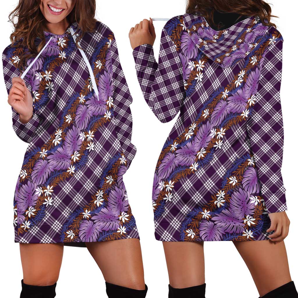 Polynesian Monstera Tiare Floral Hoodie Dress Lavender Tropical Plaid - Polynesian Pride