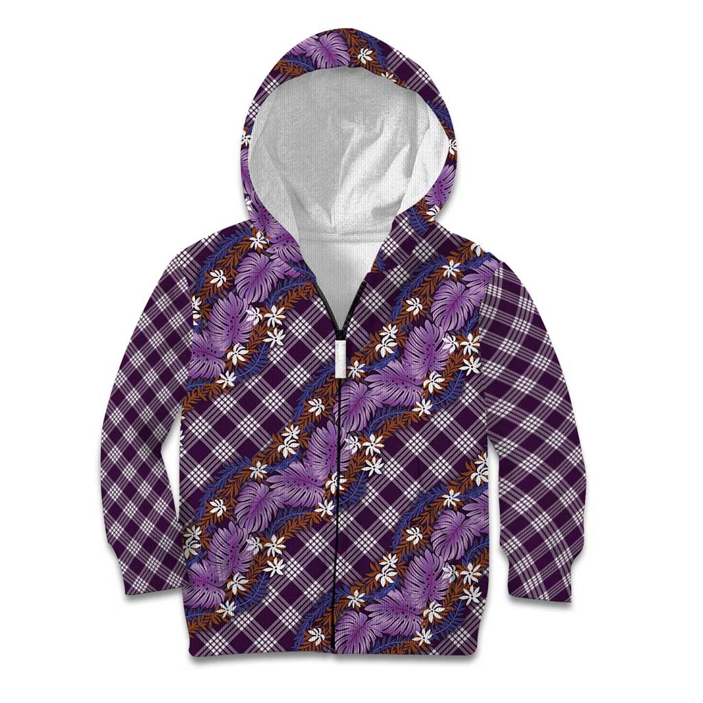 Polynesian Monstera Tiare Floral Kid Hoodie Lavender Tropical Plaid - Polynesian Pride
