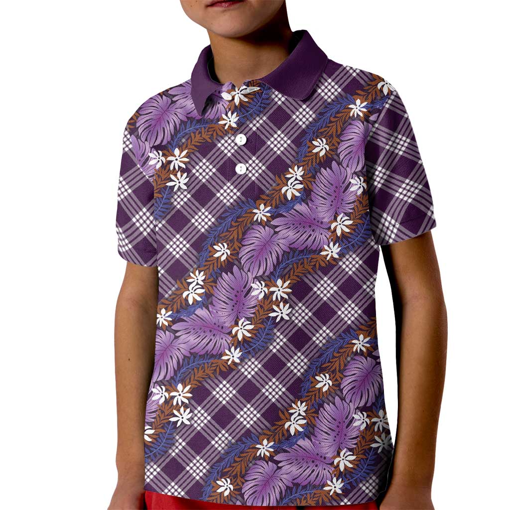 Polynesian Monstera Tiare Floral Kid Polo Shirt Lavender Tropical Plaid LT01 Kid Purple - Polynesian Pride