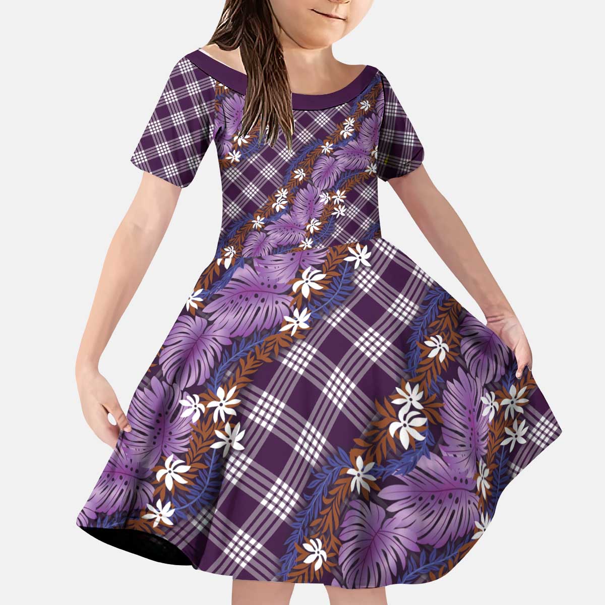 Polynesian Monstera Tiare Floral Kid Short Sleeve Dress Lavender Tropical Plaid LT01 KID Purple - Polynesian Pride