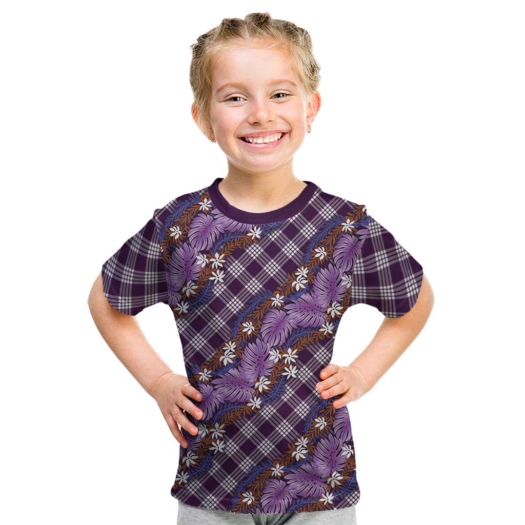 Polynesian Monstera Tiare Floral Kid T Shirt Lavender Tropical Plaid - Polynesian Pride