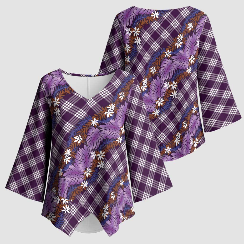 Polynesian Monstera Tiare Floral Kimono Sleeve Blouse Lavender Tropical Plaid - Polynesian Pride