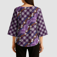 Polynesian Monstera Tiare Floral Kimono Sleeve Blouse Lavender Tropical Plaid - Polynesian Pride