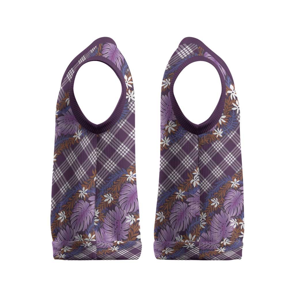 Polynesian Monstera Tiare Floral Christmas Knitted V-Neck Vest Lavender Tropical Plaid - Polynesian Pride