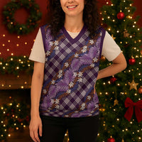 Polynesian Monstera Tiare Floral Christmas Knitted V-Neck Vest Lavender Tropical Plaid - Polynesian Pride