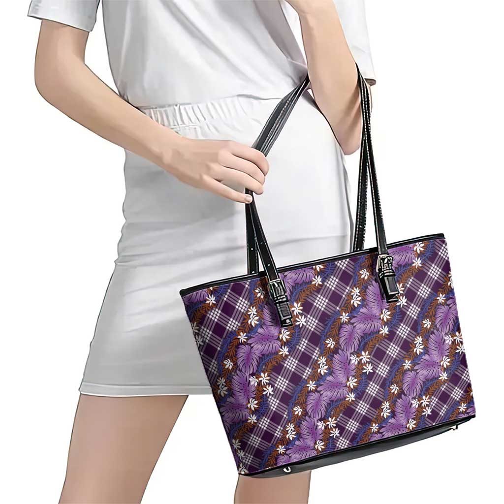Polynesian Monstera Tiare Floral Leather Tote Bag Lavender Tropical Plaid - Polynesian Pride