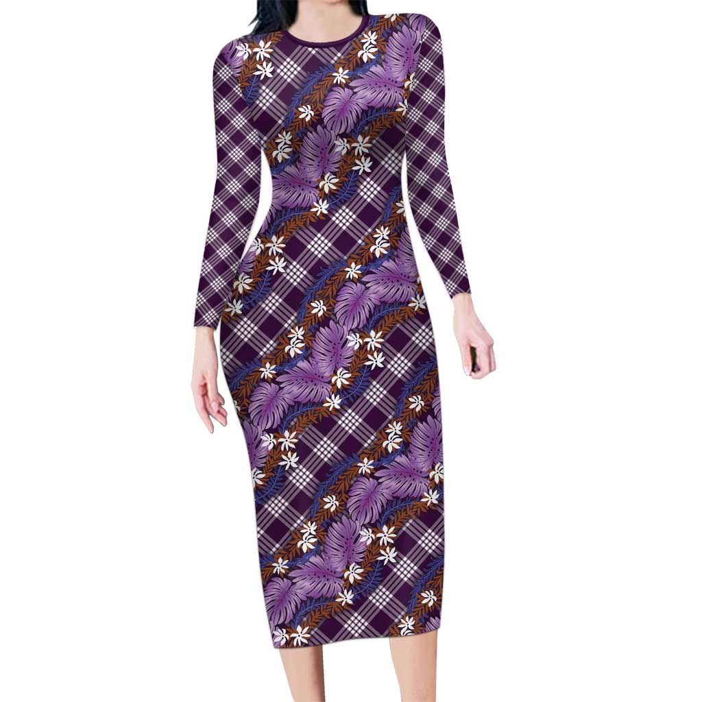 Polynesian Monstera Tiare Floral Long Sleeve Bodycon Dress Lavender Tropical Plaid LT01 Long Dress Purple - Polynesian Pride
