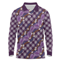 Polynesian Monstera Tiare Floral Long Sleeve Polo Shirt Lavender Tropical Plaid - Polynesian Pride