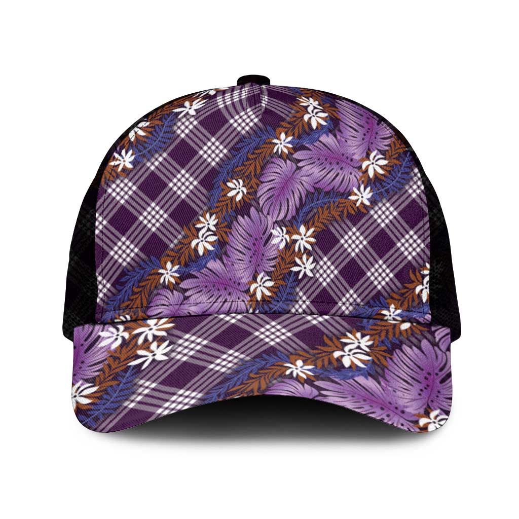 Polynesian Monstera Tiare Floral Mesh Trucker Cap Lavender Tropical Plaid - Polynesian Pride