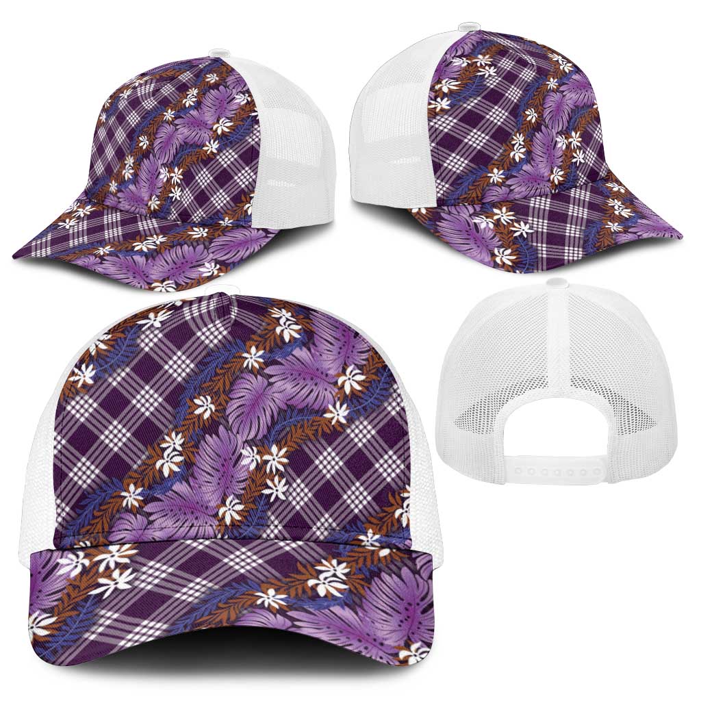 Polynesian Monstera Tiare Floral Mesh Trucker Cap Lavender Tropical Plaid - Polynesian Pride