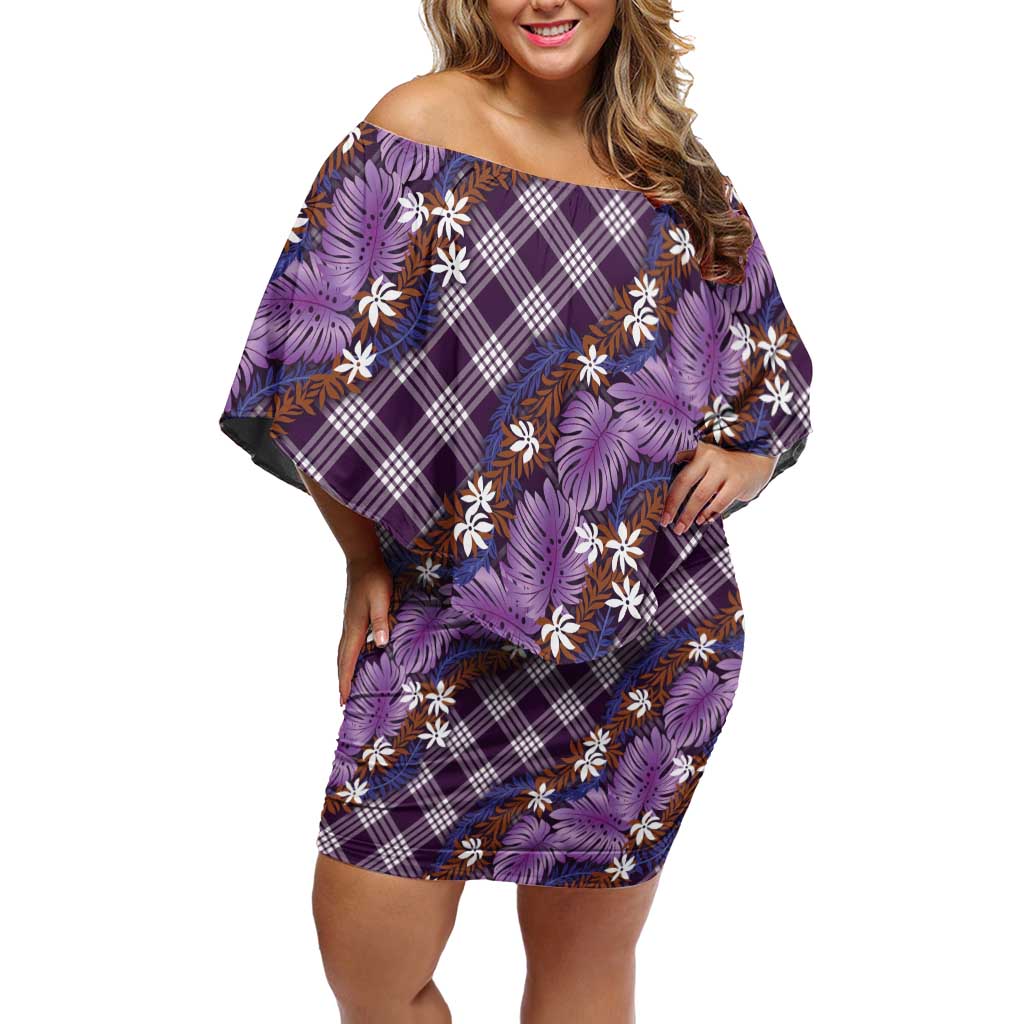 Polynesian Monstera Tiare Floral Off Shoulder Short Dress Lavender Tropical Plaid - Polynesian Pride