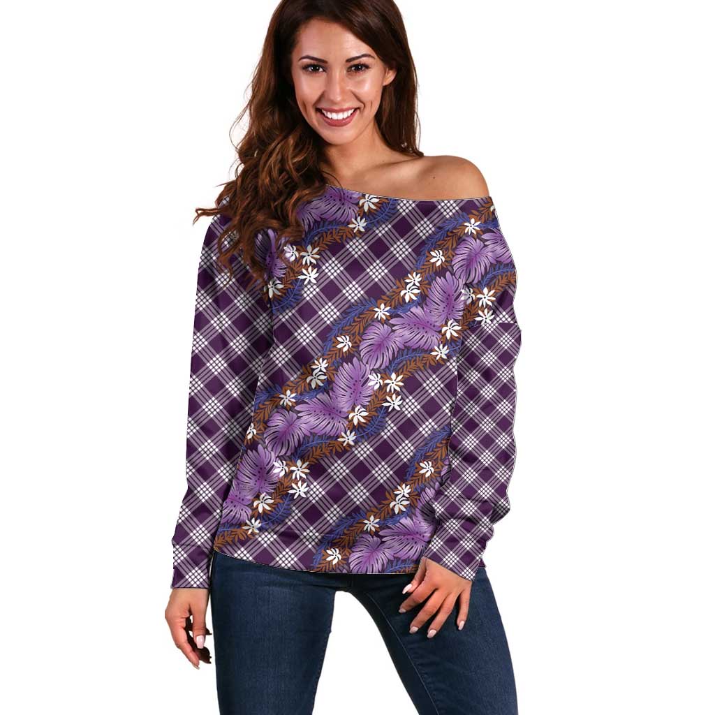 Polynesian Monstera Tiare Floral Off Shoulder Sweater Lavender Tropical Plaid LT01 Women Purple - Polynesian Pride