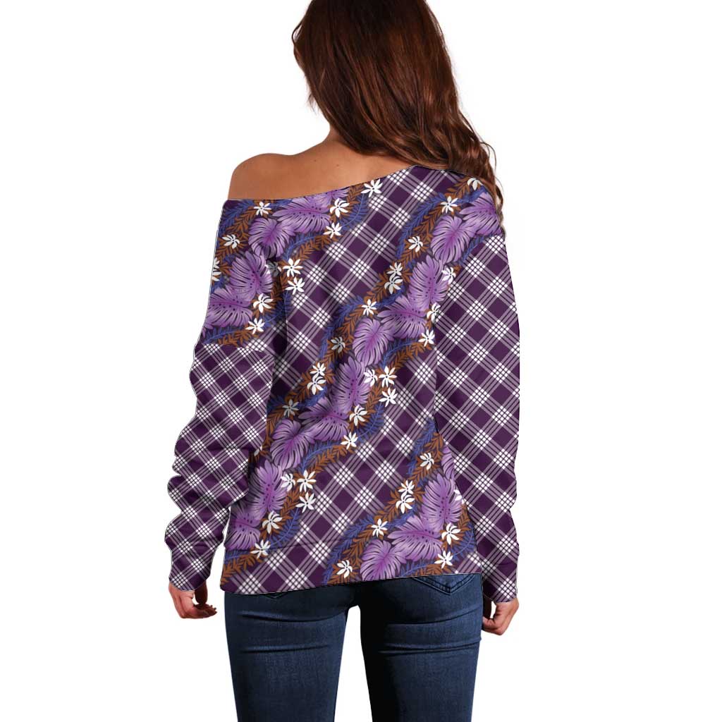 Polynesian Monstera Tiare Floral Off Shoulder Sweater Lavender Tropical Plaid - Polynesian Pride