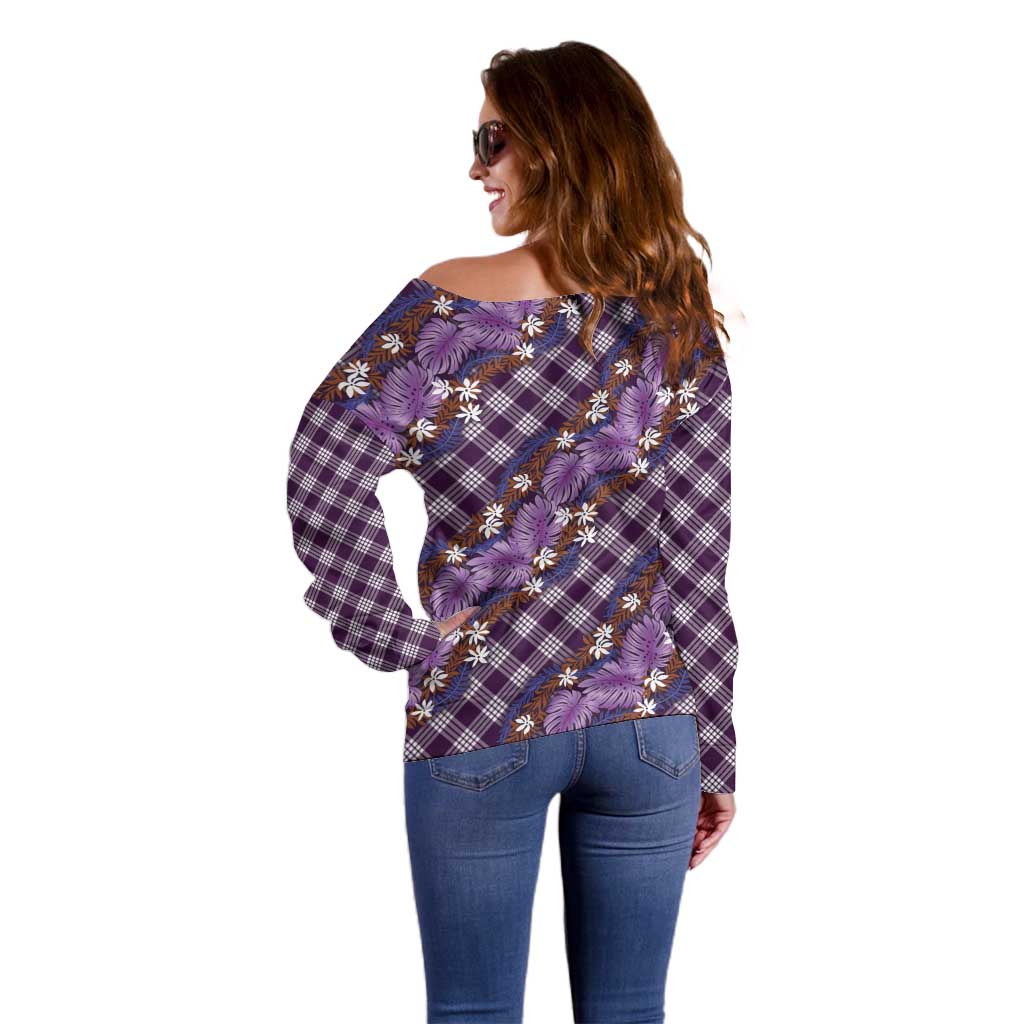 Polynesian Monstera Tiare Floral Off Shoulder Sweater Lavender Tropical Plaid - Polynesian Pride