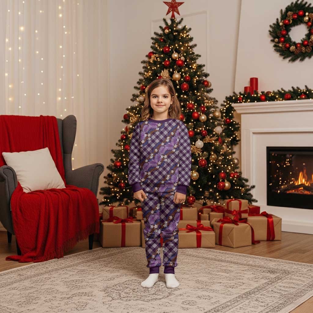Polynesian Monstera Tiare Floral Christmas Pajama Set Lavender Tropical Plaid - Polynesian Pride