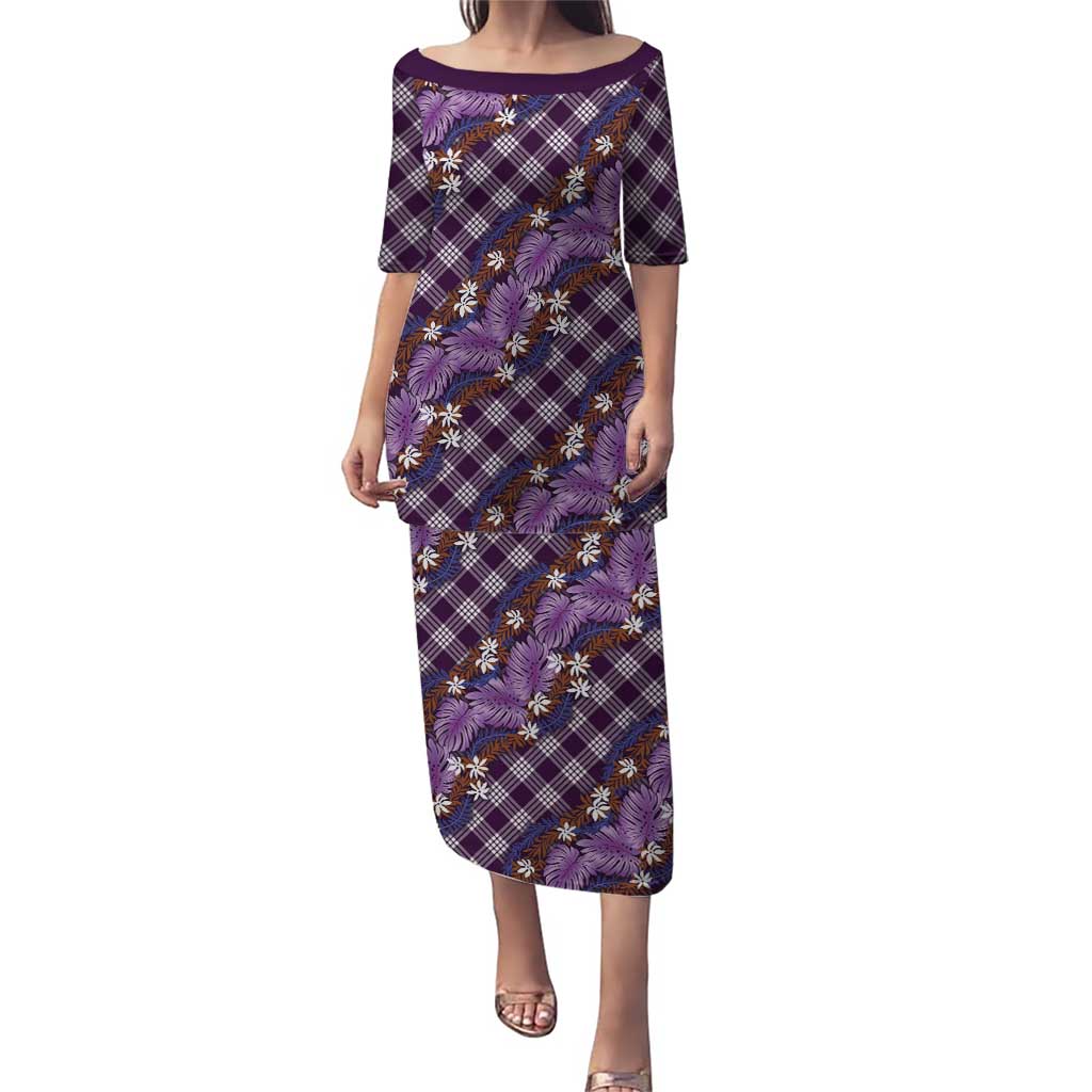 Polynesian Monstera Tiare Floral Puletasi Lavender Tropical Plaid LT01 Long Dress Purple - Polynesian Pride