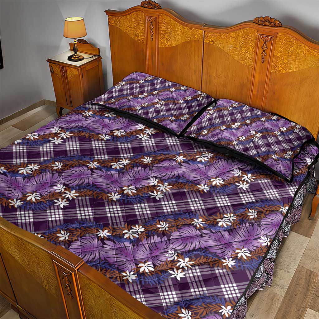 Polynesian Monstera Tiare Floral Quilt Bed Set Lavender Tropical Plaid - Polynesian Pride
