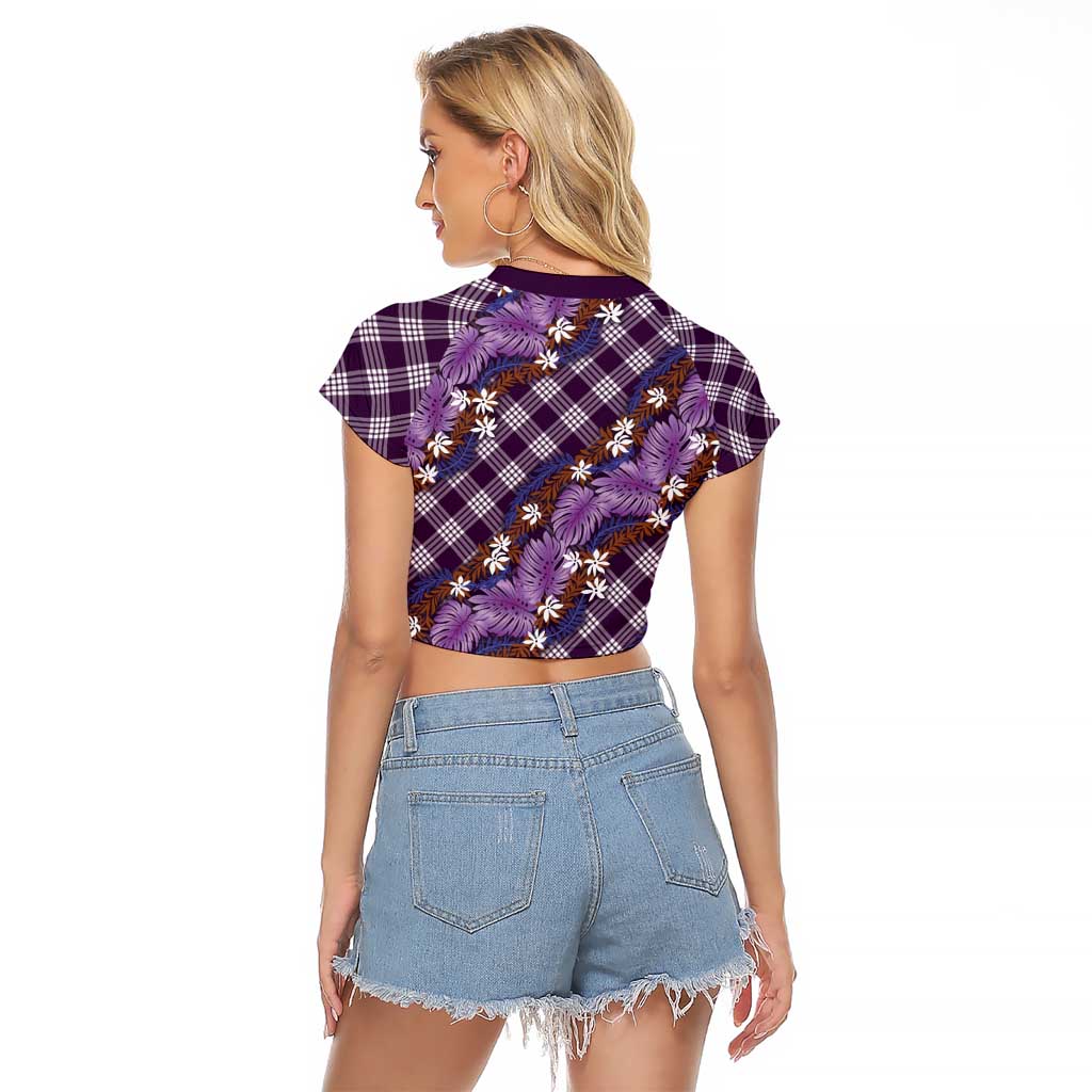 Polynesian Monstera Tiare Floral Raglan Cropped T Shirt Lavender Tropical Plaid - Polynesian Pride