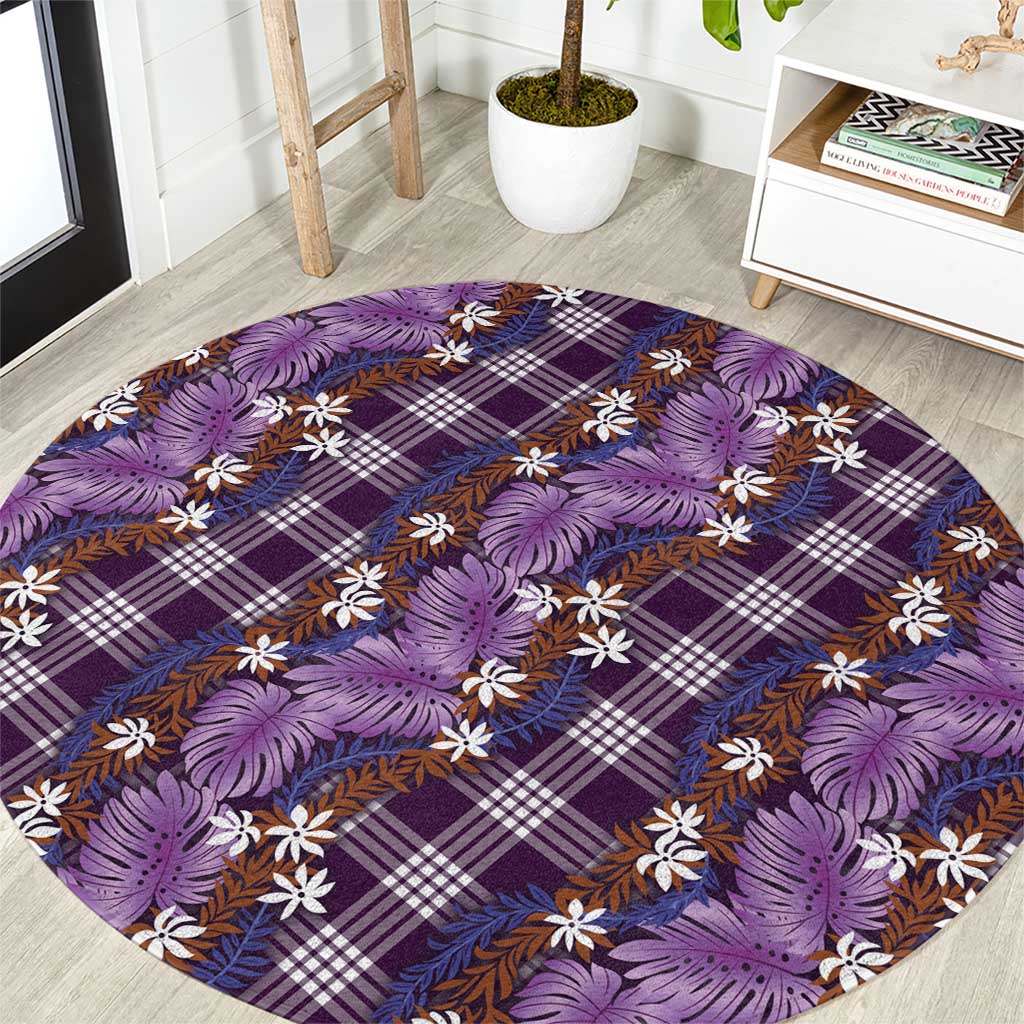 Polynesian Monstera Tiare Floral Round Carpet Lavender Tropical Plaid - Polynesian Pride