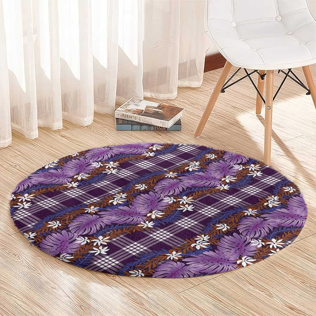 Polynesian Monstera Tiare Floral Round Carpet Lavender Tropical Plaid - Polynesian Pride