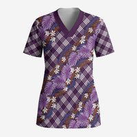 Polynesian Monstera Tiare Floral Scrub Top Lavender Tropical Plaid - Polynesian Pride