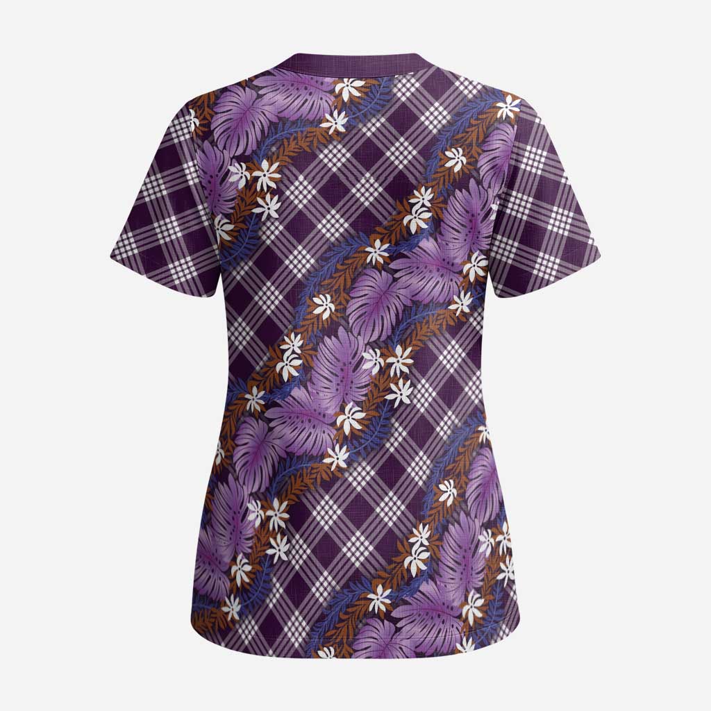 Polynesian Monstera Tiare Floral Scrub Top Lavender Tropical Plaid - Polynesian Pride
