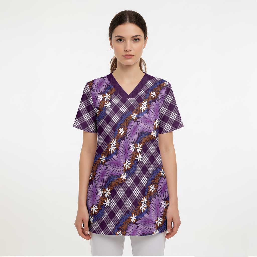 Polynesian Monstera Tiare Floral Scrub Top Lavender Tropical Plaid - Polynesian Pride