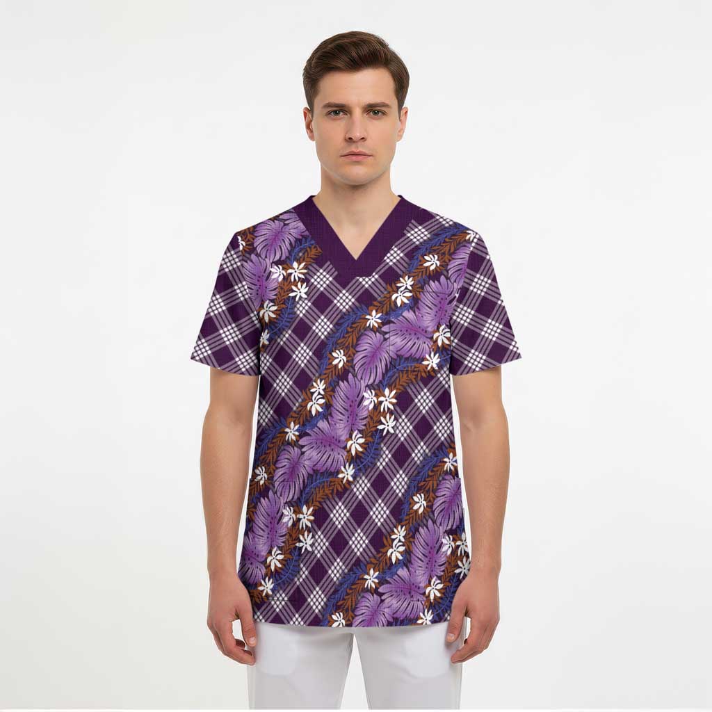 Polynesian Monstera Tiare Floral Scrub Top Lavender Tropical Plaid - Polynesian Pride