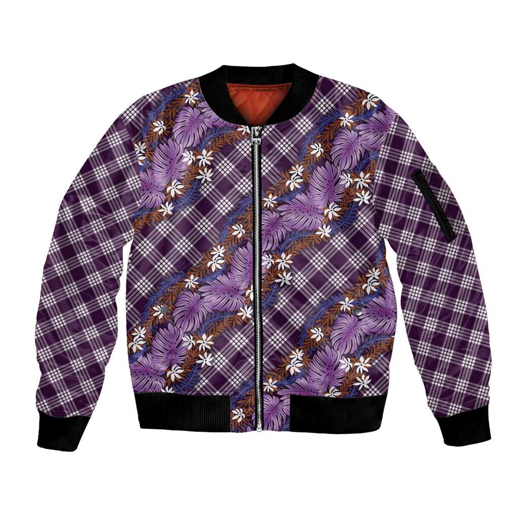 Polynesian Monstera Tiare Floral Sleeve Zip Bomber Jacket Lavender Tropical Plaid - Polynesian Pride